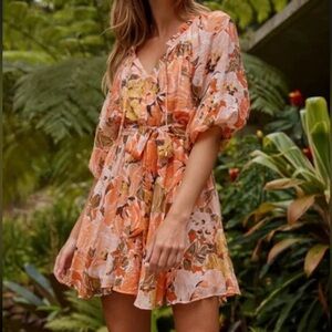 MINKPINK Thalia Boho Floral Puff Sleeve Tie Waist Ruffle Mini Dress Sz M